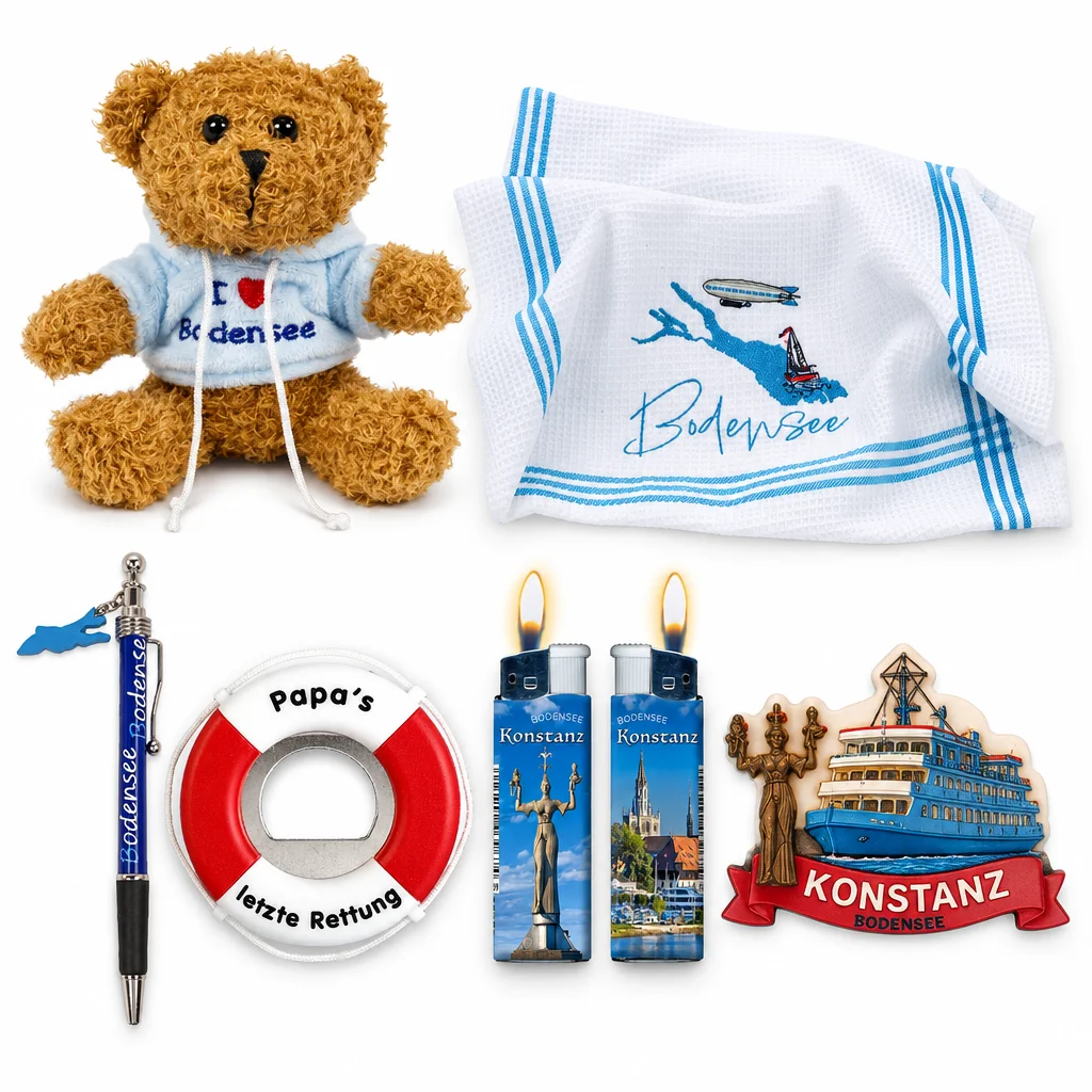 Bodensee-Geschenkset mit Plüschbär, Geschirrtuch und Souvenirs aus Konstanz – Zusammenstellung der enthaltenen Artikel