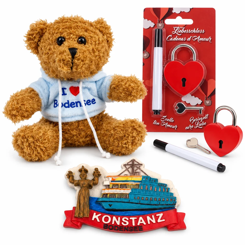 Konstanz Andenken-Set: Plüschbär, Liebesschloss & Magnet – Zusammenstellung der enthaltenen Artikel
