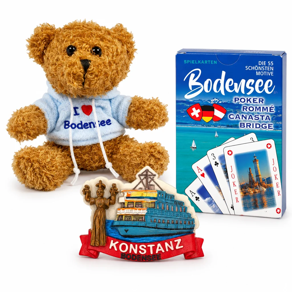 Bodensee-Geschenkset mit Plüschbär, Konstanz-Magnet und Spielkarten – Zusammenstellung der enthaltenen Artikel